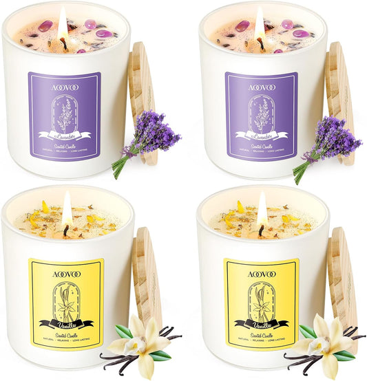 AOOVOO Lavender Candles Set for Women - 4 Pack Candles for Home Scented, 28 oz 200 Hour Long Lasting Aromatherapy Candle with Crystals Inside, Birthday Gifts Mothers Day Candle for Women Mom