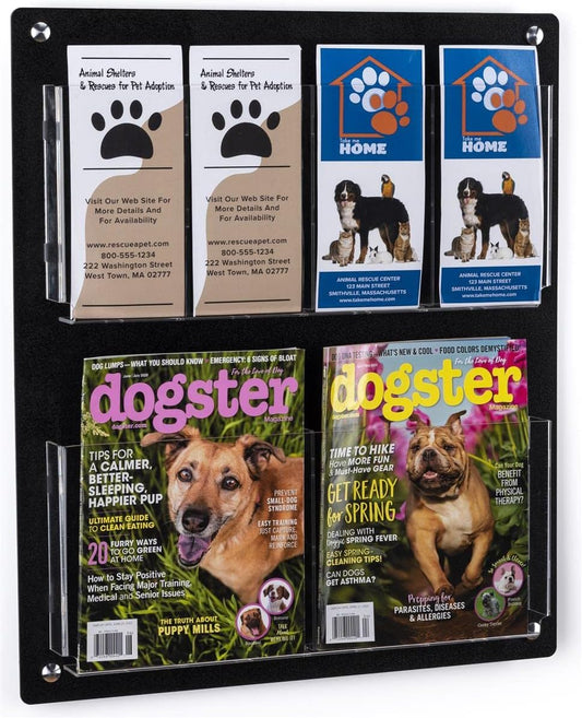 Displays2go Acrylic Wall Mounted Magazine Rack, 4-8 Adjustable Pockets, 2-Tiered - Black (2RP4BLK)