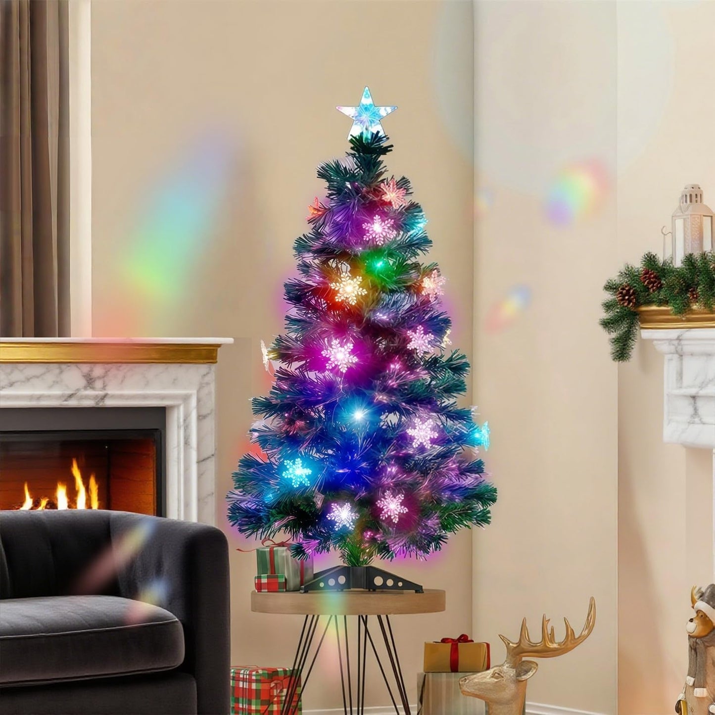 Juegoal 3 ft Pre-Lit Green Artificial Christmas Tree, Lighted Optical Fiber Table Mini Xmas Trees with Color Changing Lights, Snowflakes & Top Star, Fake Multicolored Tree for Festive Party Holiday