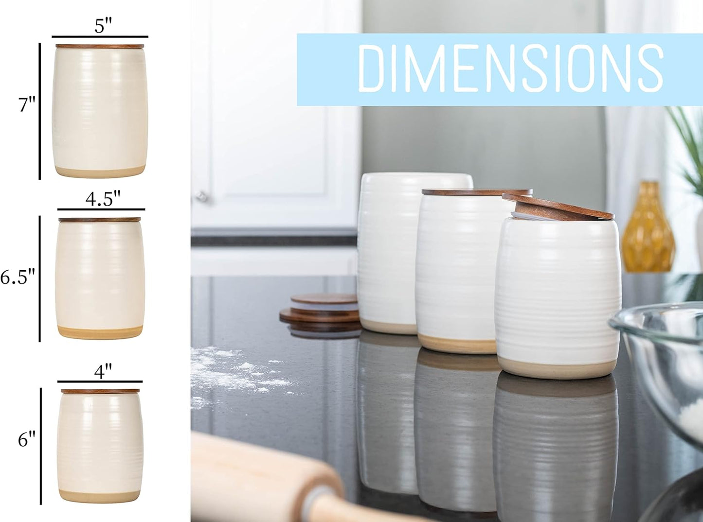 Nat & Jules Lidded Cream 6 inch Ceramic and Wood Kitchen Canisters Set of 3