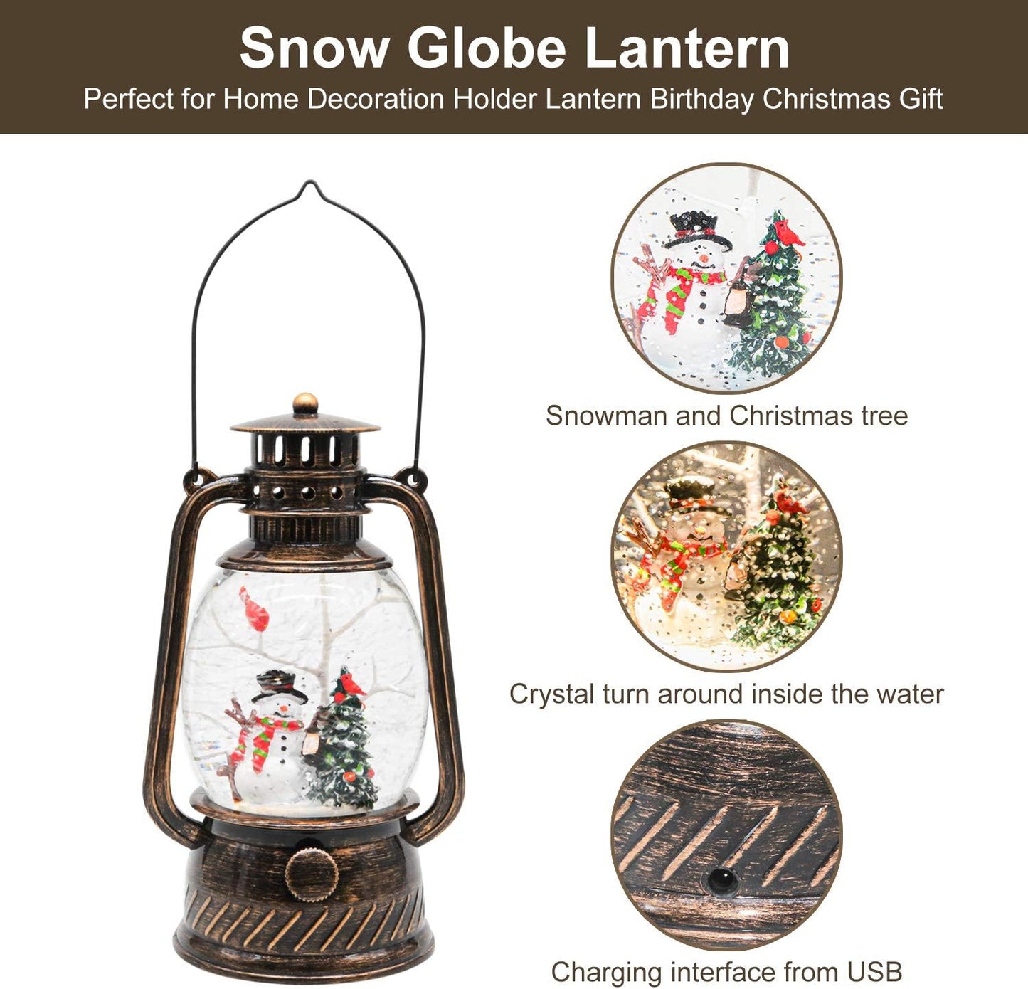 Christmas Snow Globe Lantern with Swirling Glitter and Battery & USB Powered Light 6H Timer for Christmas Home Decoration and Gift (Christmas Tree and Snowman)