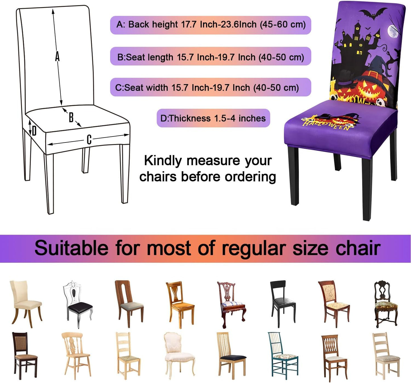 JQinHome Purple Halloween Chair Slipcover, Castle Chair Covers Set of 6, High Stretch Washable Chair Protector Cover for Dining Room, Kitchen,Home Party,Wedding Ceremony(Purple,6PC)