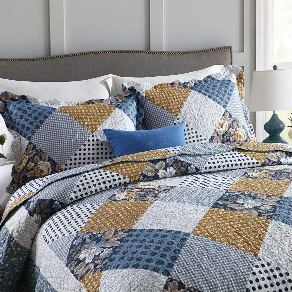 NEWLAKE Quilt Bedspread Sets-Checkered Floral Reversible Coverlet Set,Queen Size