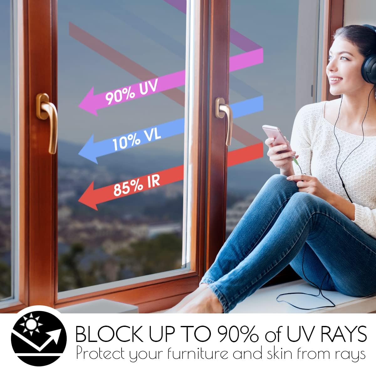 HIDBEA One Way Privacy Window Film, Daytime Mirror Reflective Heat Control UV Sun Blocking Non-Adhesive Static Cling Window Tint for Home and Office (Black-Silver, 35.4 Inch × 6.5 Feet)