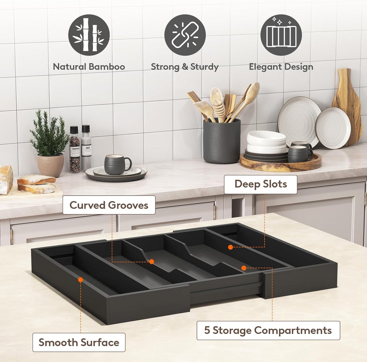 Lifewit Utensil Organizer for Kitchen Drawer, Expandable Cooking Utensil Tray, Bamboo Cutlery Silverware Flatware Holder, Adjustable Spatula Tools and Gadgets Storage Divider, Large, Black