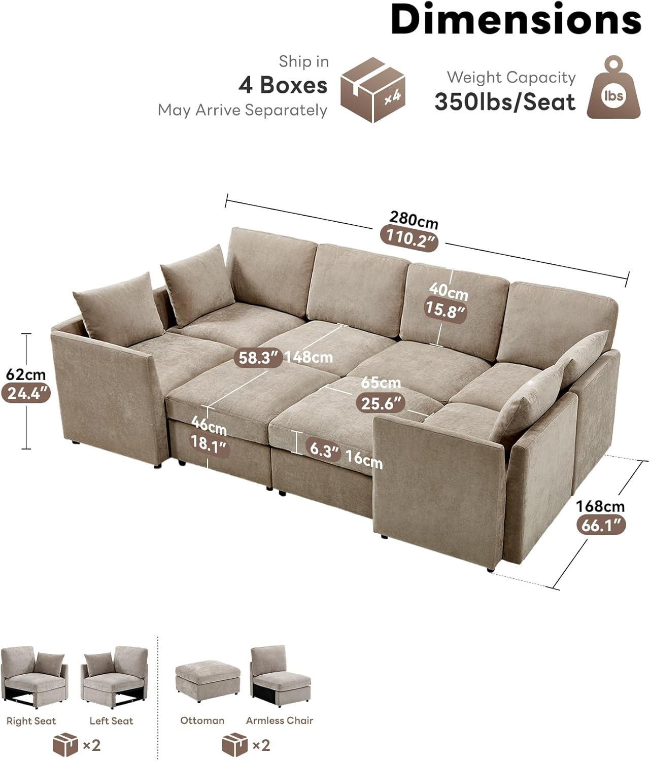Tbfit U Shaped Couch 8 Seat, Sectional Sofa for Living Room,Chenille Cloud Couch with Ottoman, Khaki