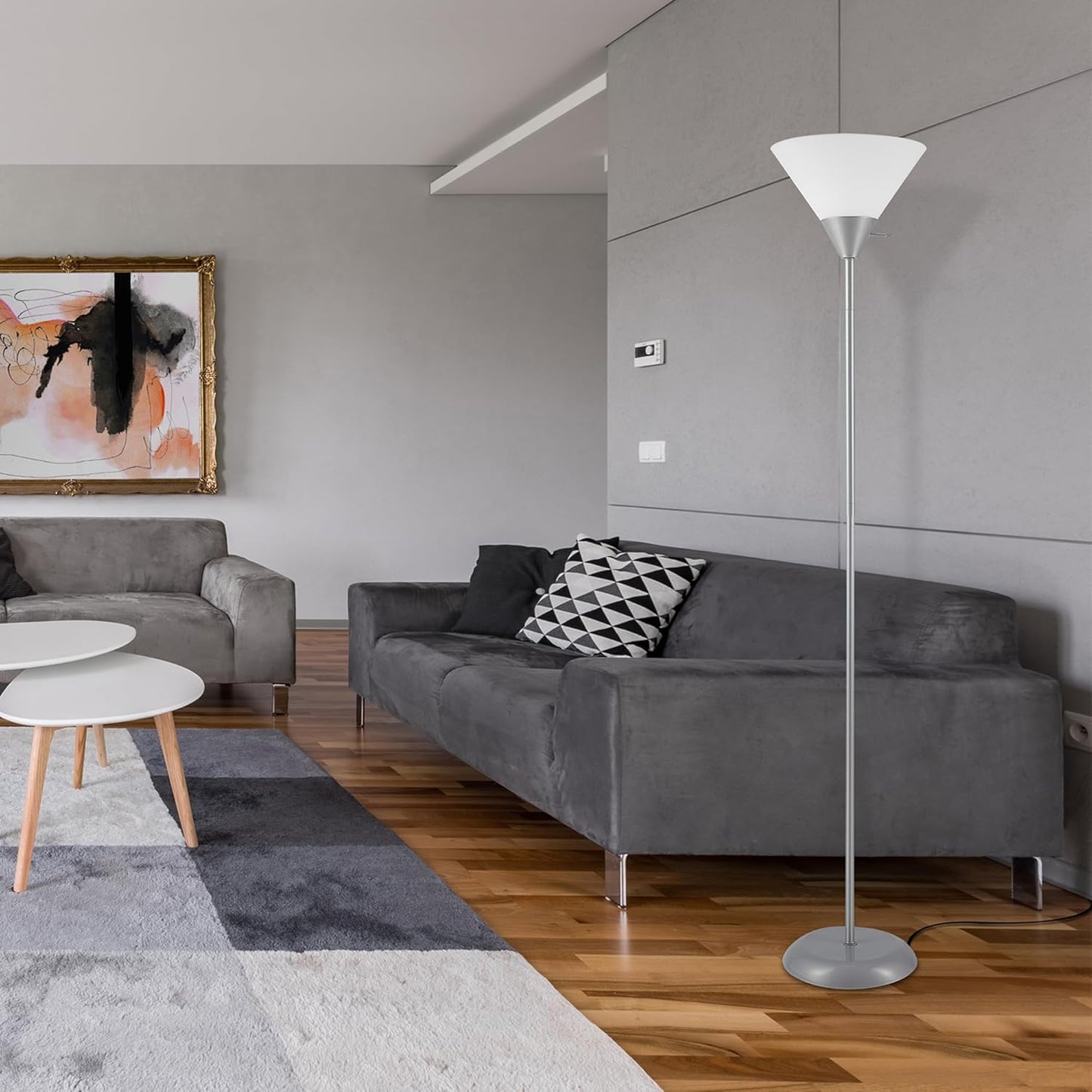 GLOBE Electric 677150 Elliott 72" Floor Lamp, Silver, White Plastic Shade, On/Off Rotary Switch on Shade, Standing, Living Room Decor, Bedroom, Tall, Corner Light