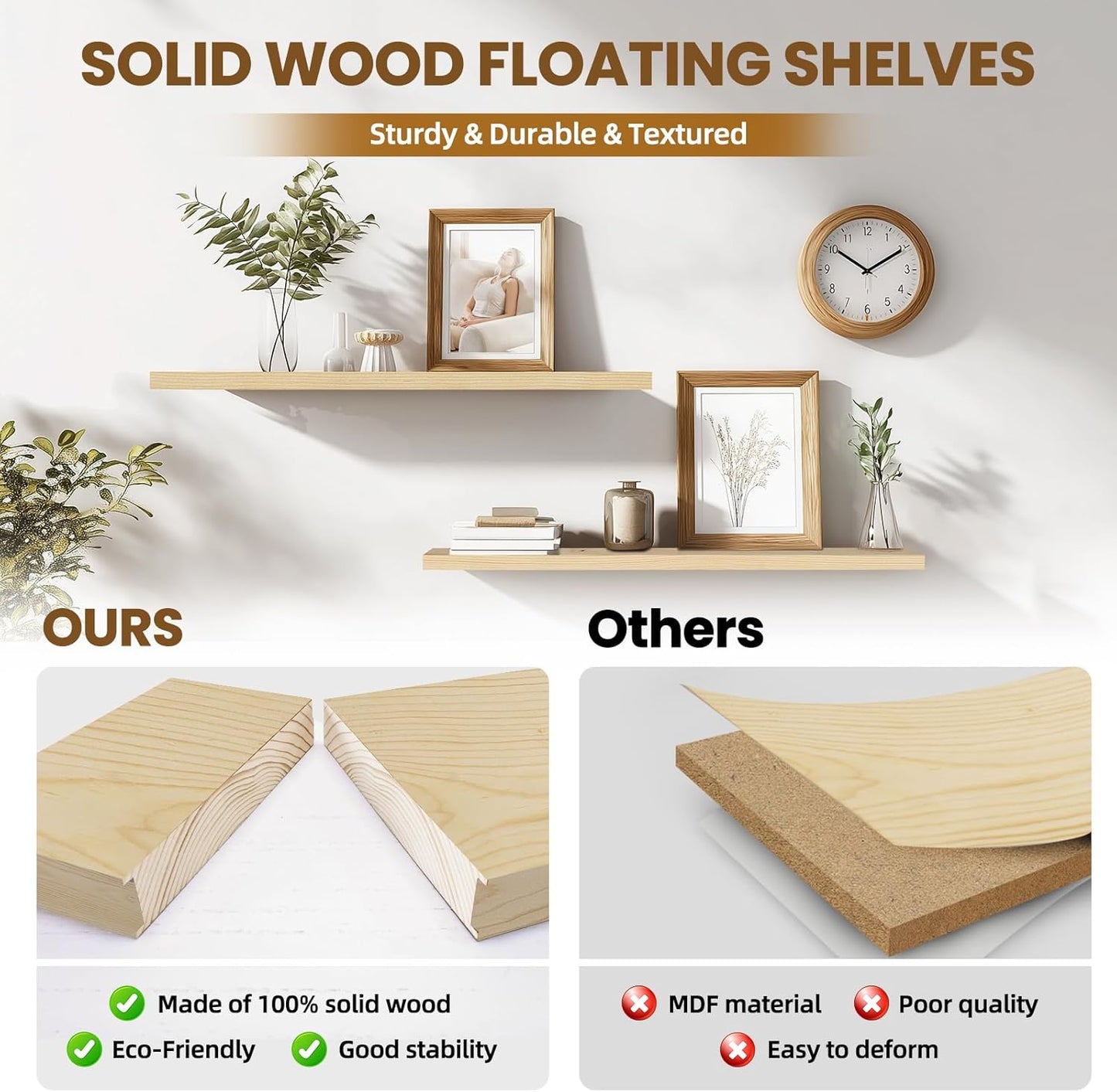 Floating Wall Shelves 2-Pack - 36-Inch Rustic Wooden Shelves for Storage and Décor, Easy Installation for Living Room, Bedroom, and Kitchen