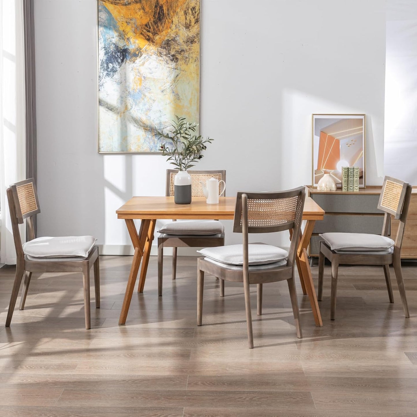 Rattan Dining Chairs Set Of 4 , Mid Century Modern Upholstered Cane Back Chairs with Removable Linen Cushion , Retro Farmhouse Natural Wooden Kitchen & Dining Room Chairs for Restaurant Living Room