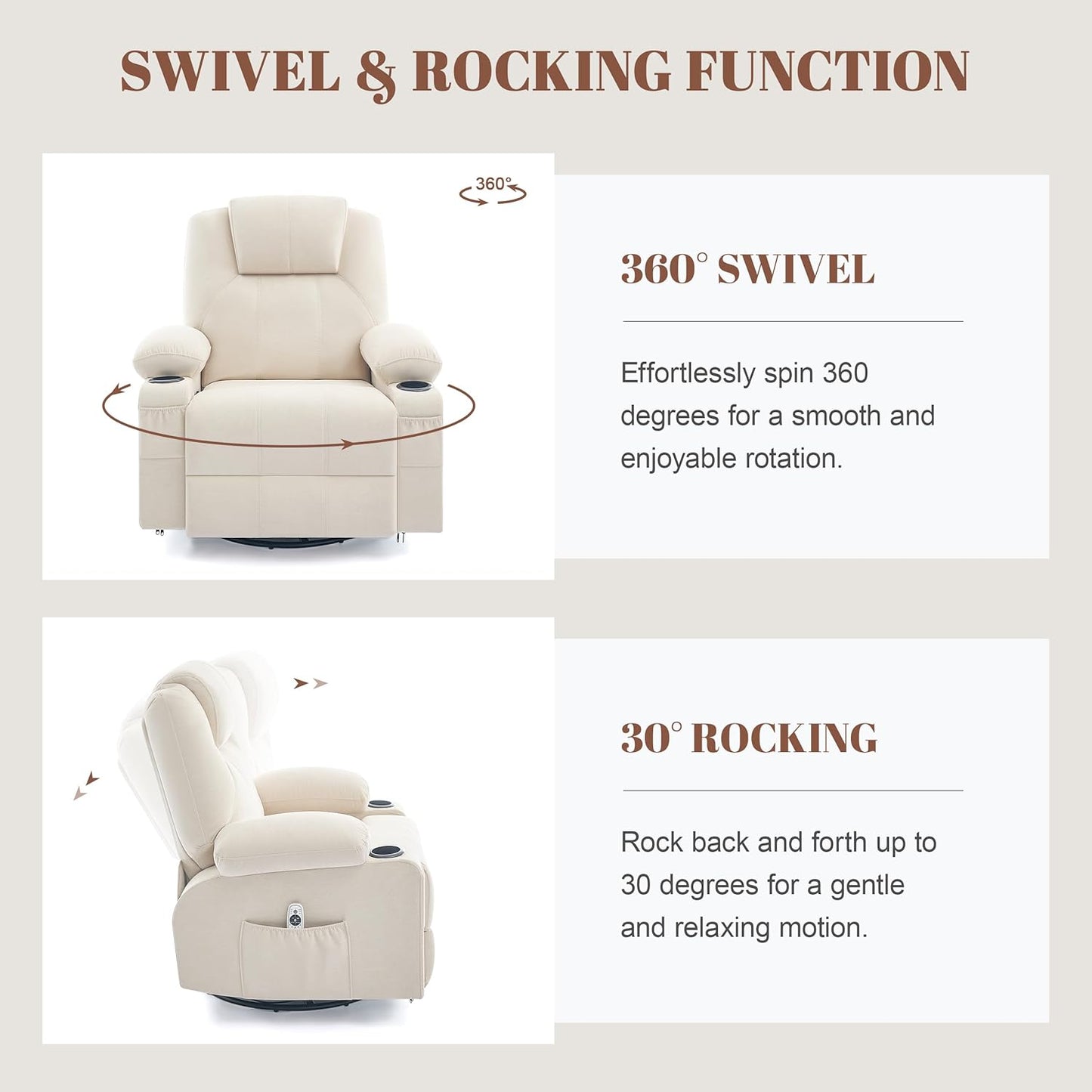Oversized Swivel Rocker Recliner Chair with Heat and Massage, 360 Degree Swivel Rocking Single Sofa with Cup Holders and USB Port, Big Large Recliner Chair for Living Room (Fabric, Beige)
