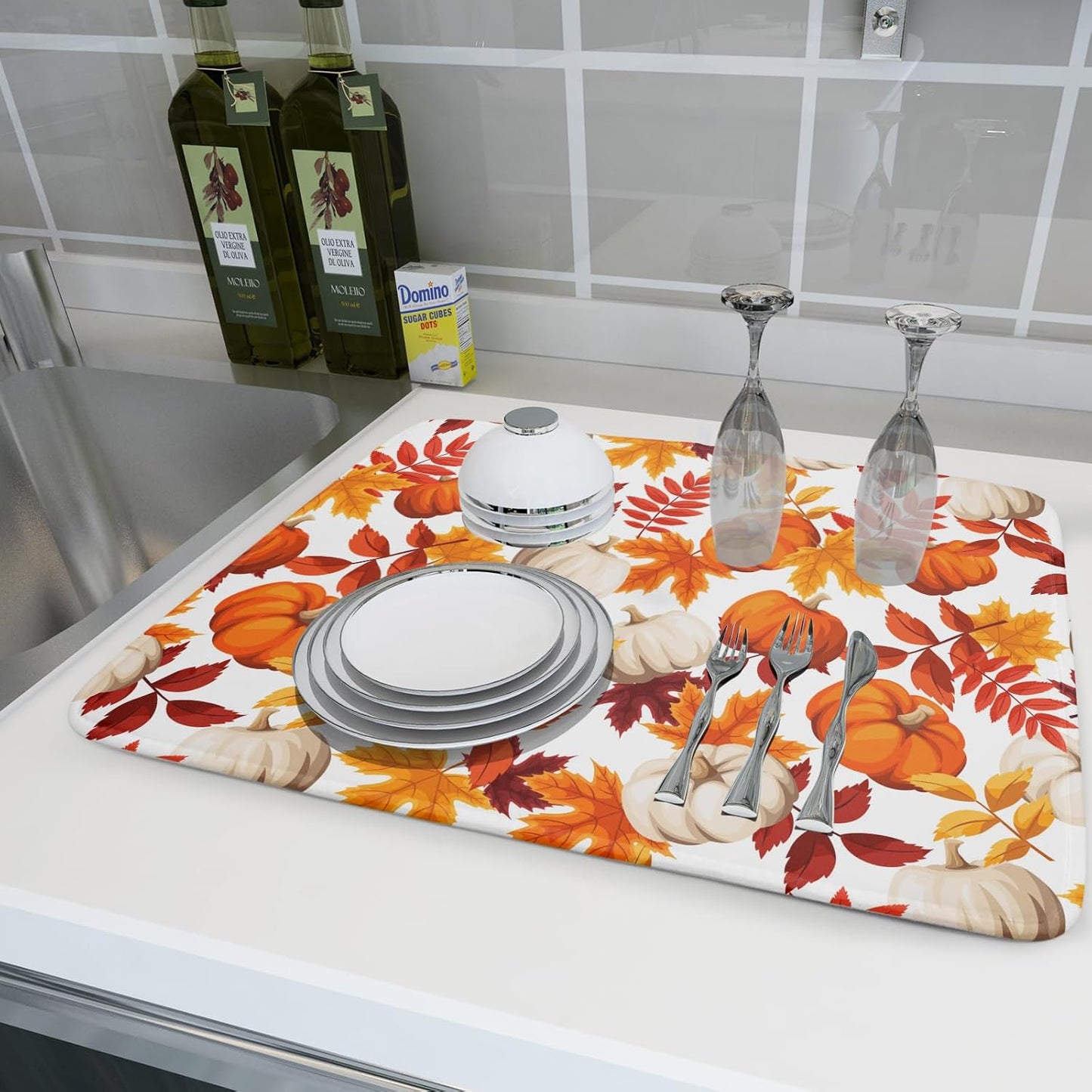 Fall Dish Drying Mat for Kitchen Counter Watercolor Pumpkins Autumn Leaves Thanksgiving Super Absorbent Reversible Microfiber Kitchen Countertop Protector Dishes Pad Large 18x24 inch