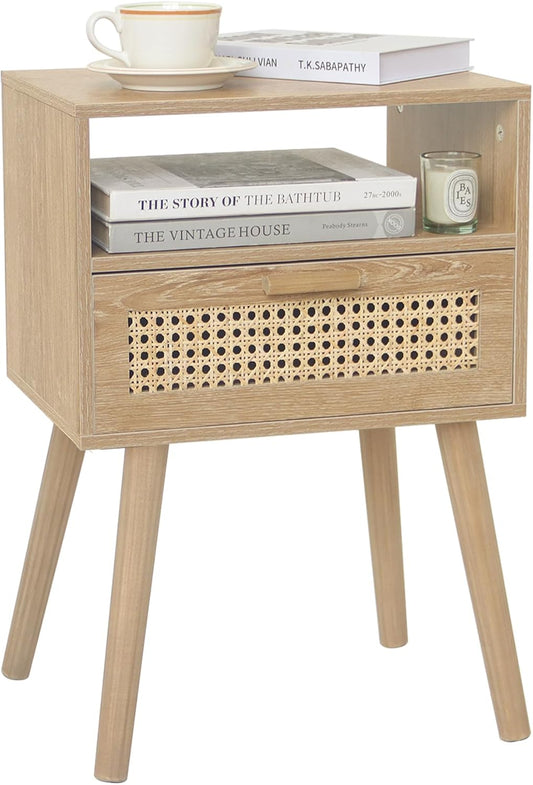 MaxSmeo Rattan Nightstand with Drawer, Mid Century Modern Wood Bedside Table for Living Room, Bedroom and Small Spaces (Rustic Walnut)
