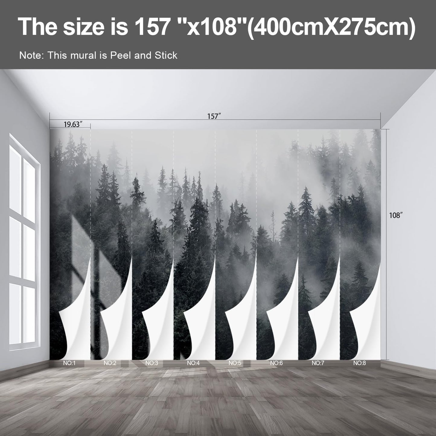 Misty Forest Landscape Wall murals Woodland Tree Peel and Stick Wallpaper for Bedroom Living Room - 108"x157"