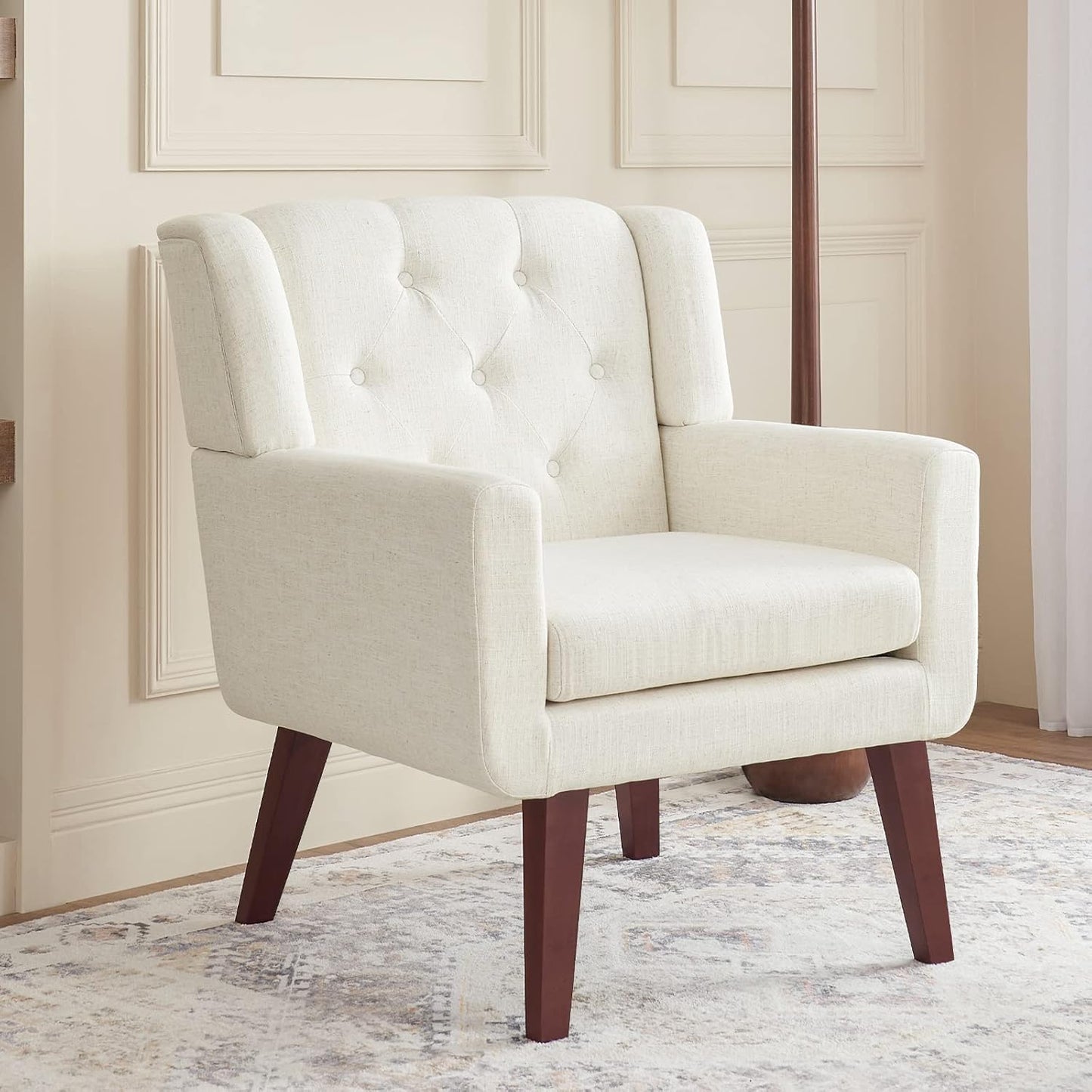 Living&Giving Accent Chair Button-Tufted Upholstered Living Room Chairs Comfy Reading Mid Century Modern with Linen Fabric Lounge Arm for Bedroom (Beige) 29.33D x 28.94W x 34.65H Inch