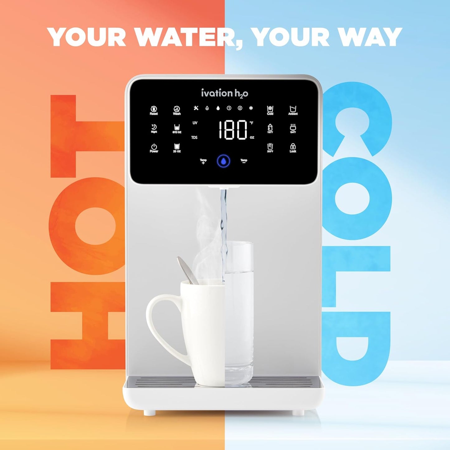 Ivation H2O Hot & Cold Countertop, Reverse Osmosis Water Filter, TDS Filter System, 4 Stage RO Water Filtration, 6 Temperature Presets, 3:1 Pure to Drain, Portable Plug-and-Play - White