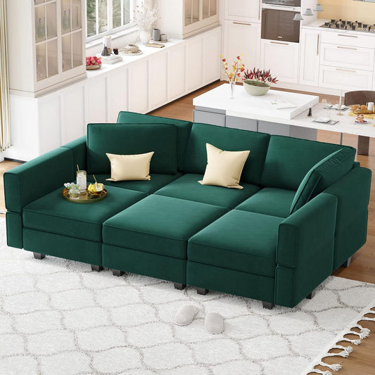 Belffin Modular Velvet Sectional Sofa with Chaise Lounge Sectional Sleeper Sofa with Storage Chaise Bed Couch for Living Room Green