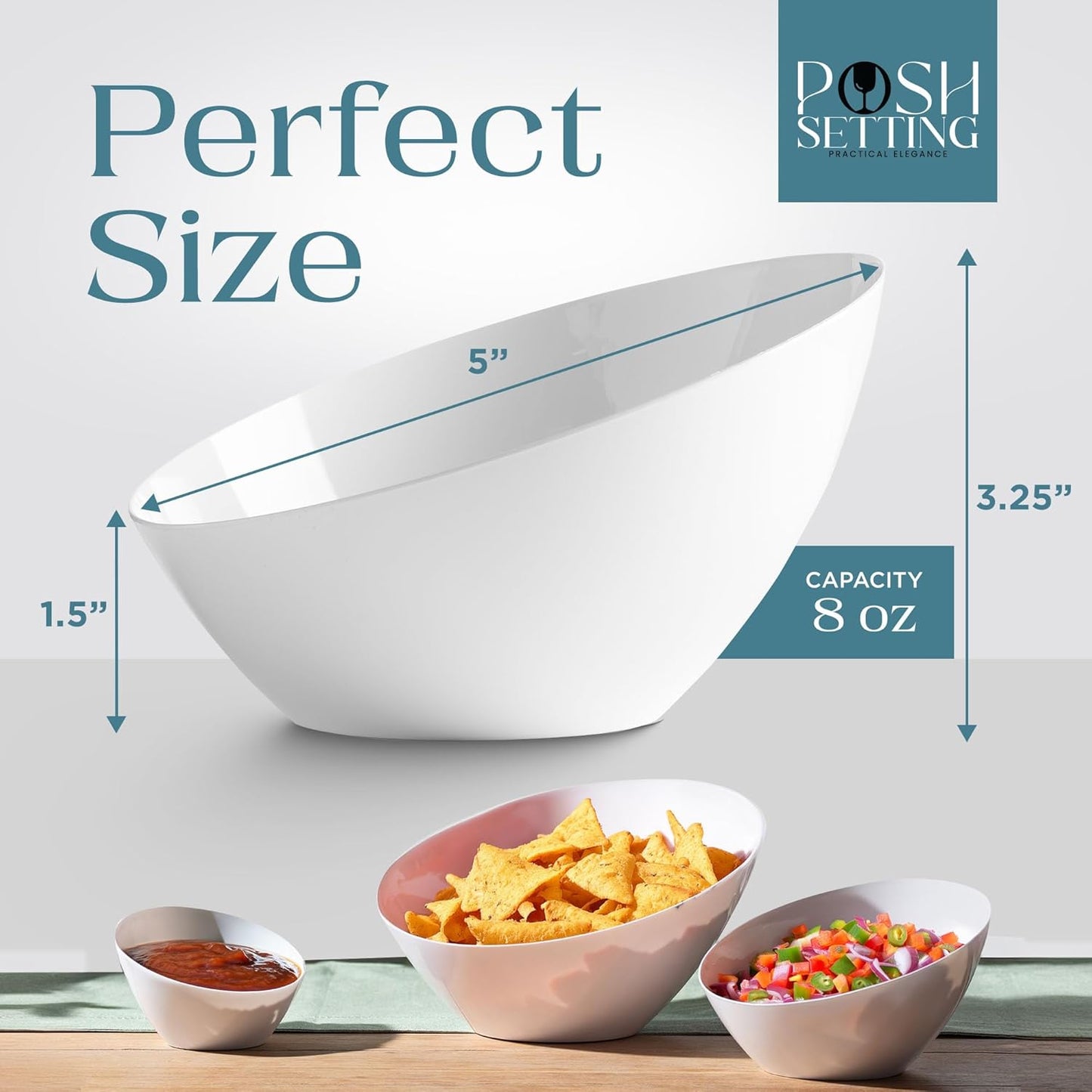 Posh Setting - White Plastic Serving Bowls for Party Angled Bowls Disposable Chip Bowls Candy Bowls for Party Table Salad and Fruit Bowls for Party Wedding Serving Bowls - White, 8 OZ, 5 Pack
