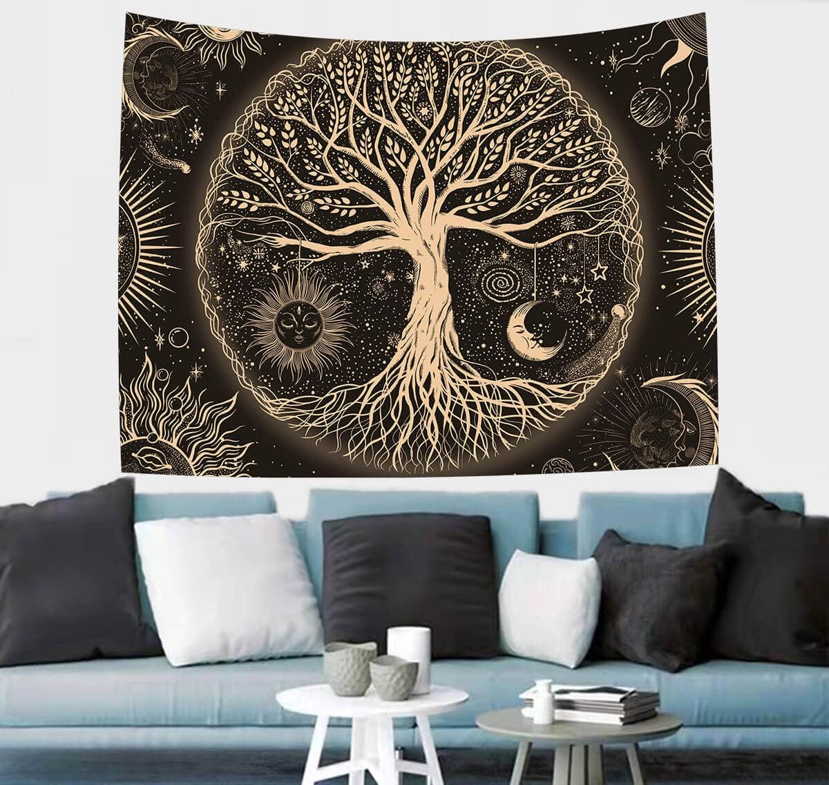 FORATER Tree of Life Tapestry Wall Hanging Sun Moon Stars Tapestries Aesthetic Galaxy Wall Tapestry Nature Home Decoration for Living Room Bedroom(61 x 82 Inch, Black and Gold)