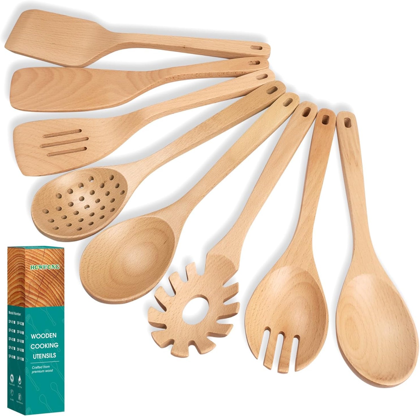 Wooden Spoons for Cooking, 8 Pcs Beech Wood Wooden Kitchen Cooking Spoon Utensil Tools Set Includes Spatula Skimmer Pasta Scoop Non-Stick Cookware Safe by HOWHONG