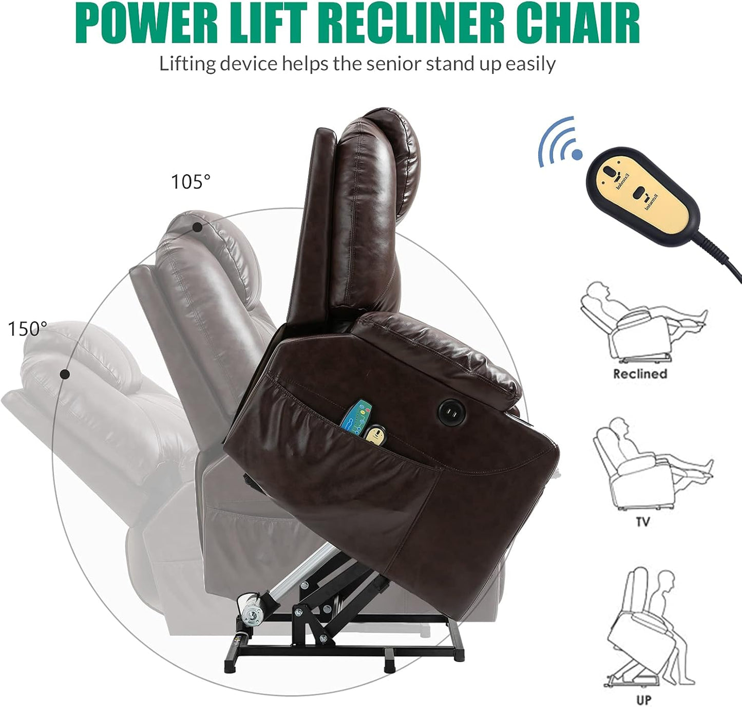 VIVIJASON Power Lift Chair Electric Recliner for Elderly Heated Vibration Massage Faux Leather Recliner Chair with 2 Remote Controls, Cup Holders, Side Pockets & USB Ports for Living Room (Brown)