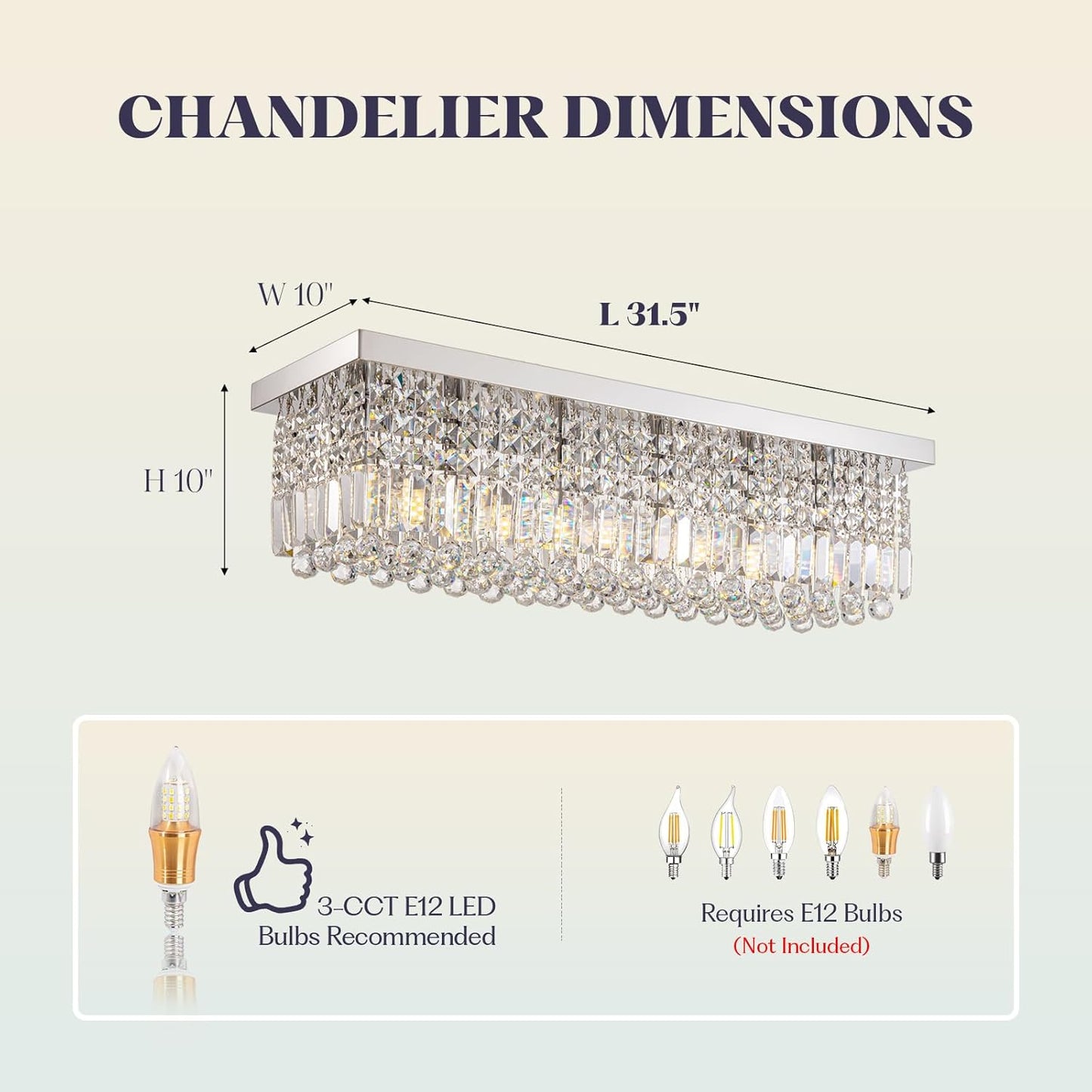 Rectangular Chandelier, Flush Mount Rectangle Chandelier Modern K9 Crystal Chandeliers Light Fixture, 6-Lights Raindrop Crystal Pendant Ceiling Light for Dining Room Bedroom Bar Club L31.5 Inch
