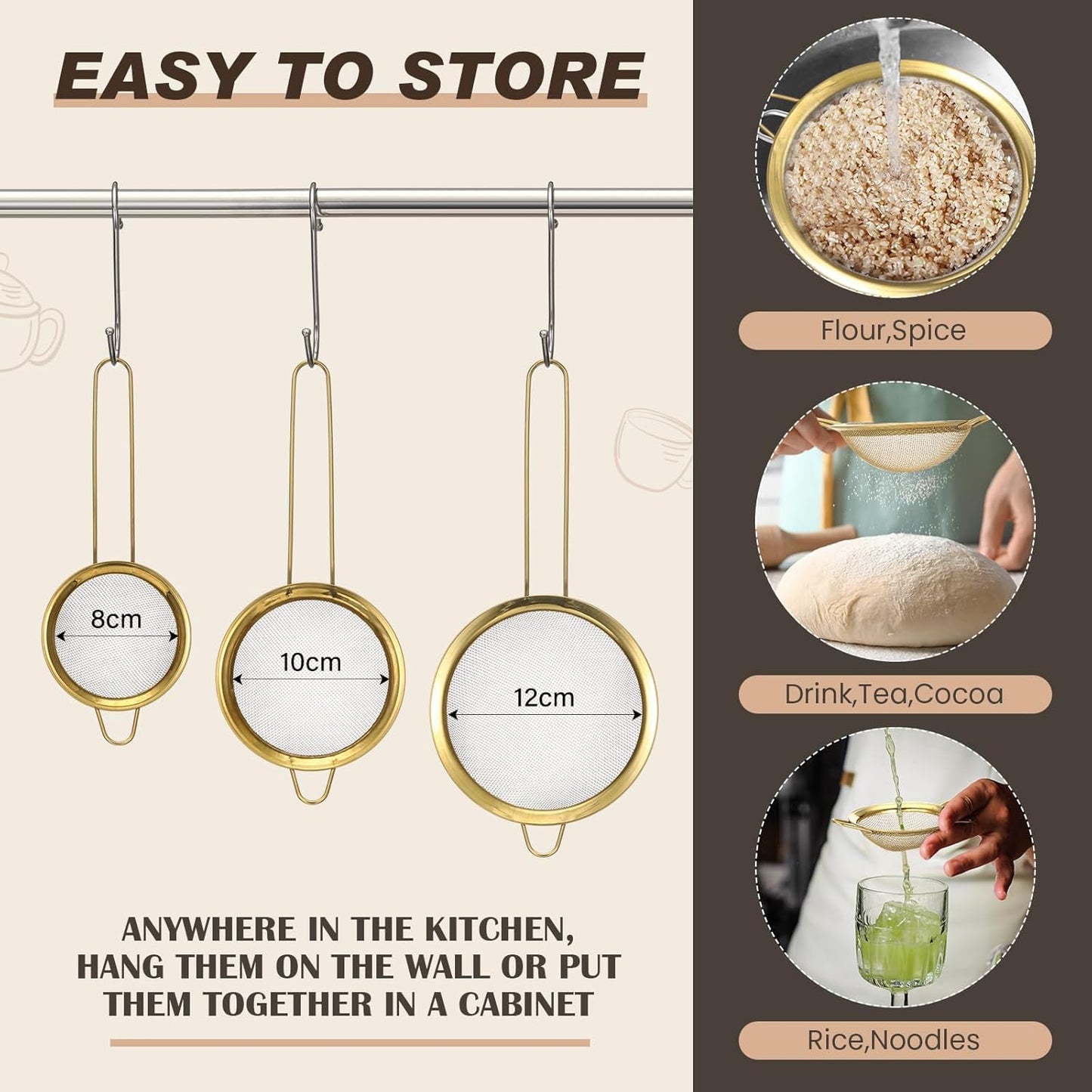 Norme 4 Quart Stainless Steel Gold Colander and 3 Pcs Gold Fine Mesh Strainer, Stainless Steel Pasta Rice Food Metal Strainer with Handles, Easy Clean and Dishwasher Safe