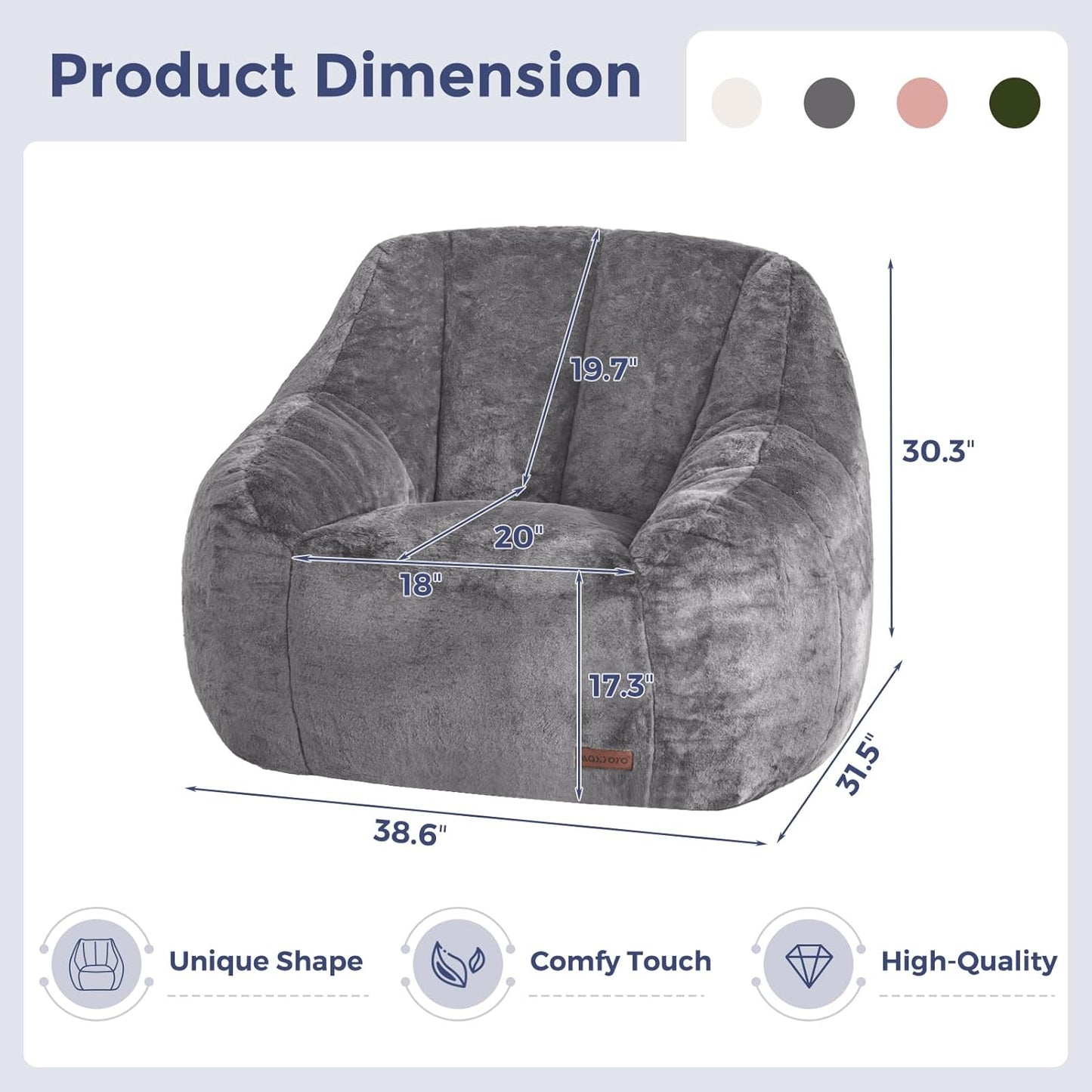 MAXYOYO Bean Bag Chair, Comfy Bean Bag Sofa with Back Support, Faux Fur Bean Bag Chair for Adults and Kids, Stuffed Floor Sofa for Living Room, Bedroom, Apartment, Grey