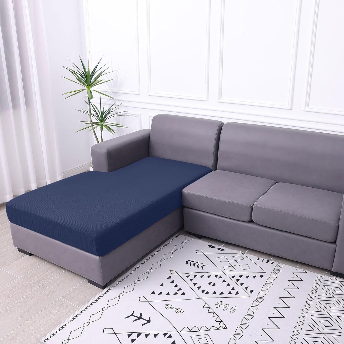 hyha Waterproof Sectional Couch Covers, Non Slip Sofa Couch Cushion Covers L Shape, Thick Stretch Jacquard Fabric, Washable Sofa Slipcovers with Elastic Bottom (1 Piece for Chaise XL, Navy)
