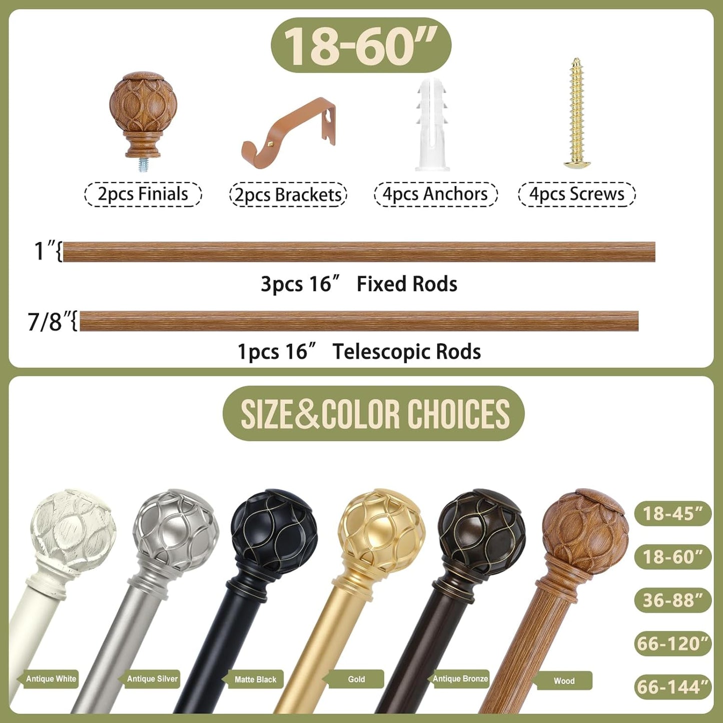 Wood Boho Curtain Rods for Windows:18-60Inch Wooden Farmhouse Curtain Rod for Bedroom Living Room,Heavy Duty Adjustable Rustic Decorative Drapery Rods with Vintage Imitation Wood Finial,Brown