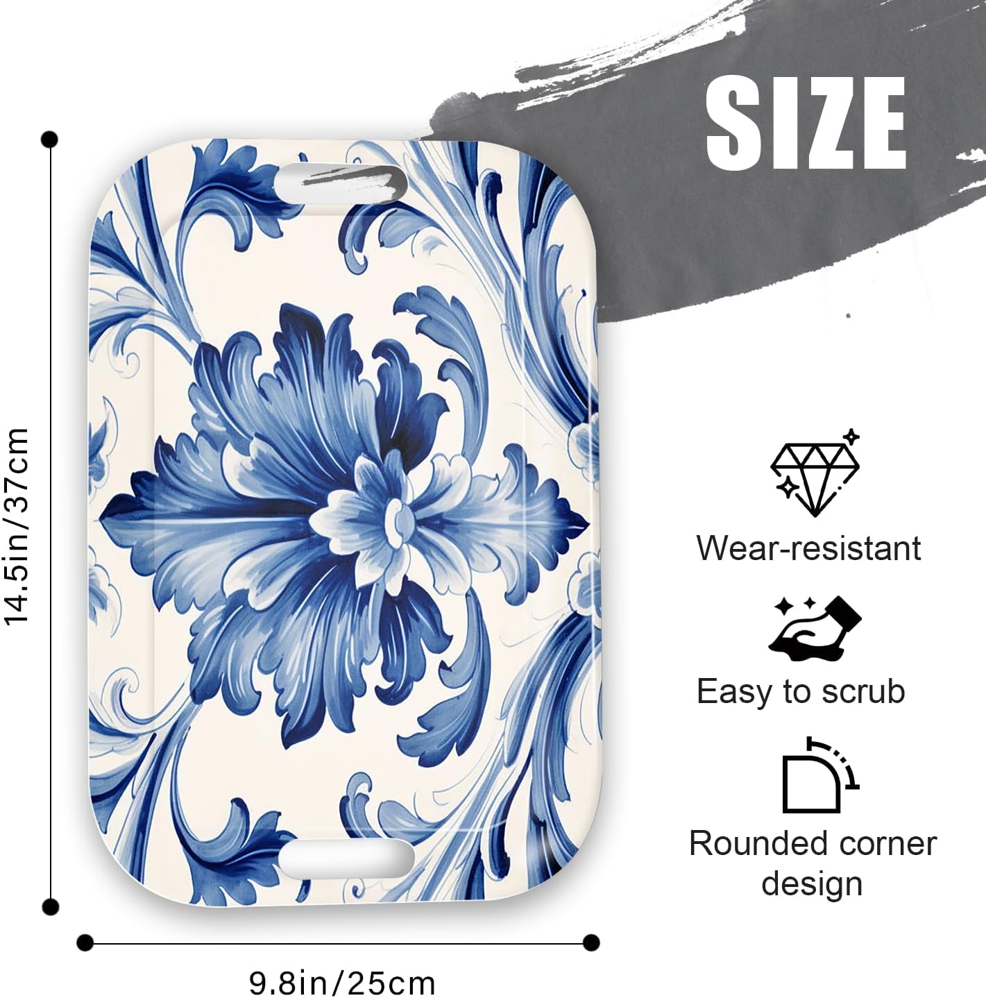 Serving Trays with Handles, 14.5 x 9.8 inch Rectangular Plastic Tray for Restaurant, Kitchen, Blue and White Pattern