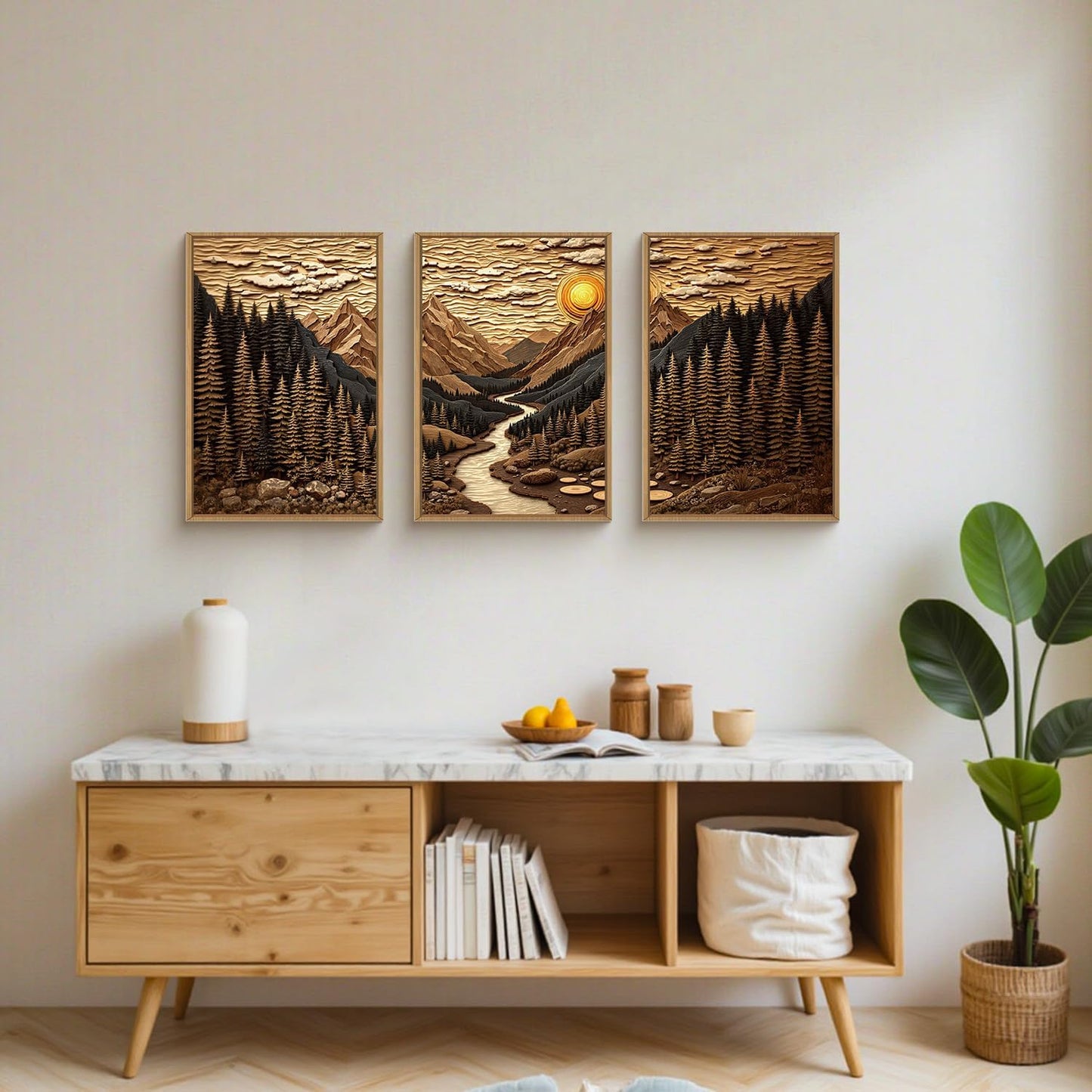 HPINUB Abstract Landscape Mountain Canvas Wall Art Set, Vibrant Sun Forest Pine Tree Wall Decor, Wilderness Nature River Artwork Rustic Scenery Art Print for Living Room,Bedroom,Office-16 x24 x3