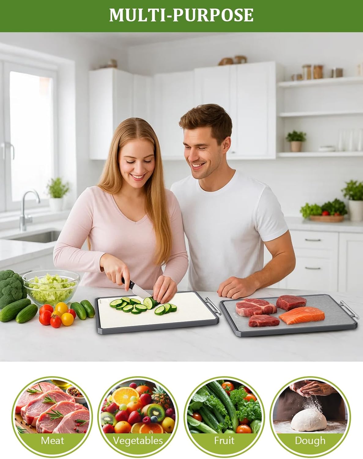 Titanium Cutting Boards for Kitchen, 2 in 1 Metal Cutting Board for Chopping Meat/Vegetables, Double Sided Pure Titanium&Wheat Straw PP Chopping Board, Food-Grade, Dishwasher Safe Large 16.3”×11-1 PC