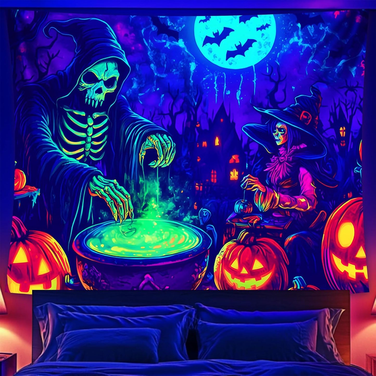 Halloween Tapestry, Blacklight Tapestry for Halloween Party Decor Hanging Tapestries Backdrop Wall Art Poster for Bedroom Dorm 90x70in