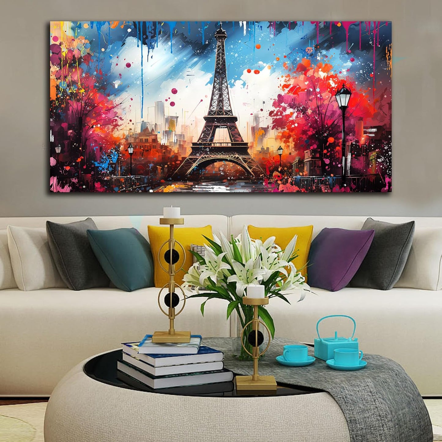 Large Canvas Wall Art Paris Eiffel Tower Decor Modern Graffiti Canvas Prints Ready to Hang for Living Room Bedroom Framed Home Decor Size 30x60