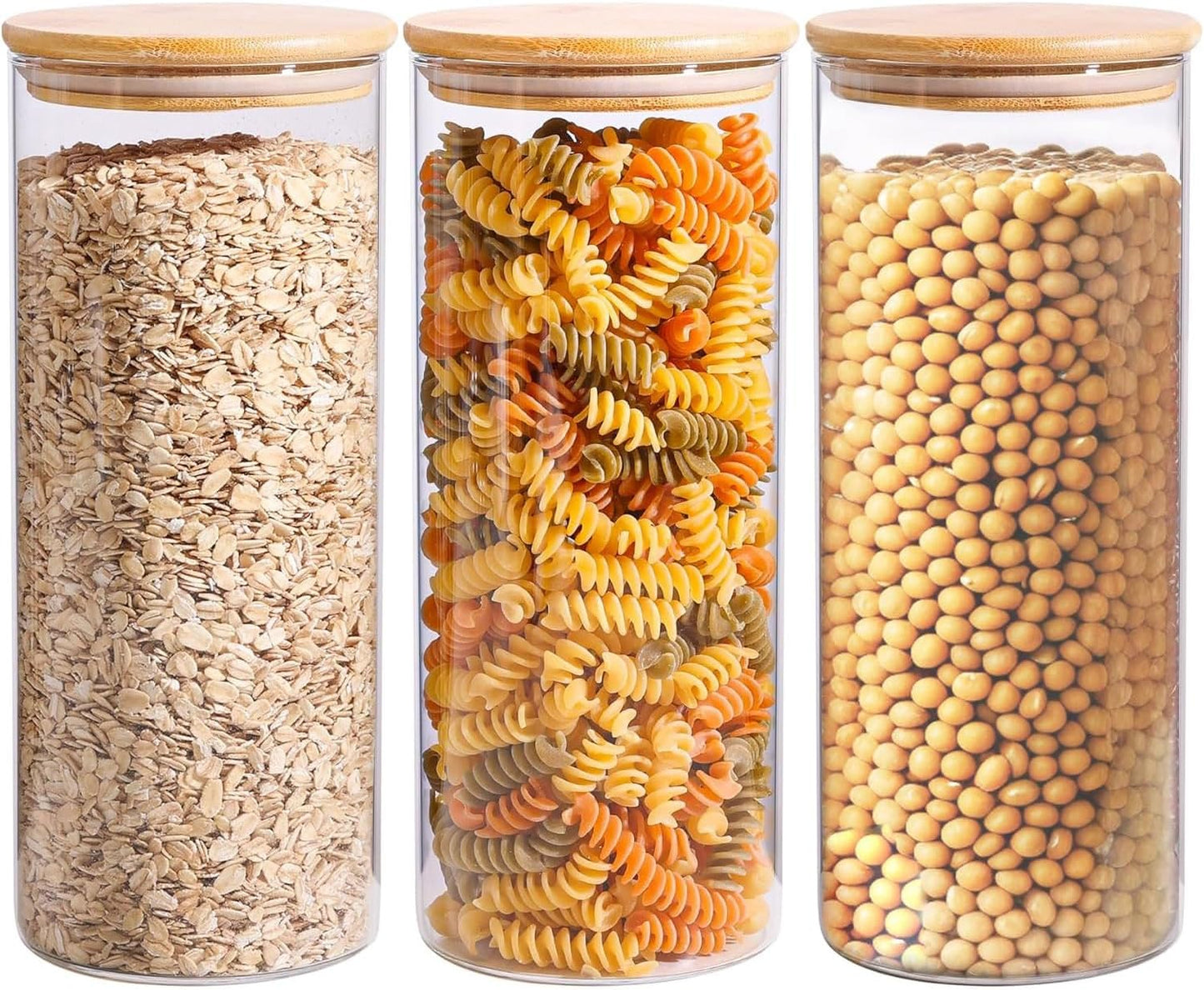 ComSaf 1.7 Qt Glass Storage Containers with Lids, Glass Jars with Lids, Clear Food Storage Jar, Round Canister Set of 3, Pantry Organizers for Pasta Flour Cookie Rice Tea Coffee Bean