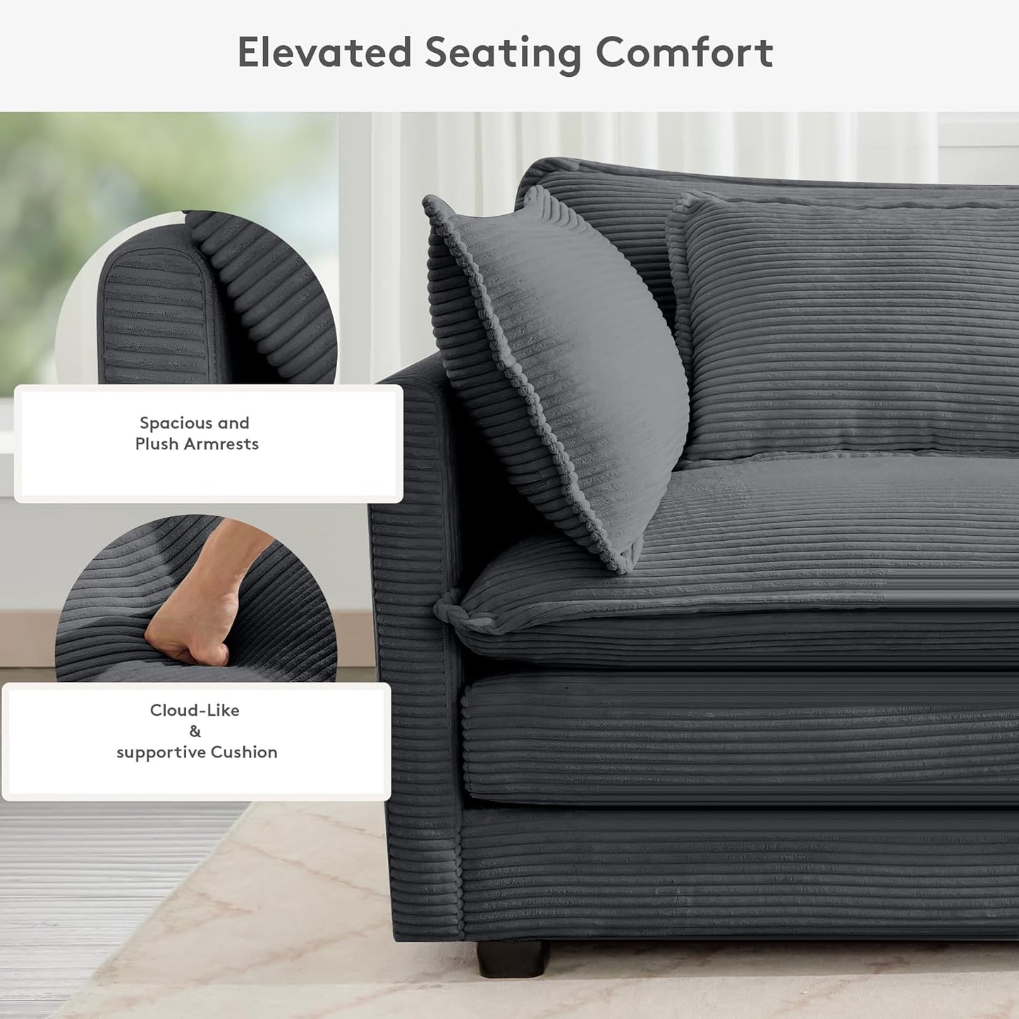 ROWHY 150'' Modular Sectional Sofa Cloud Couch, Corner Sofa Big Comfy Corduroy Oversized L Shaped Couch with 4 Pillows, Chaise, Ottoman, Deep Seat Couches for Living Room Office, Dark Grey