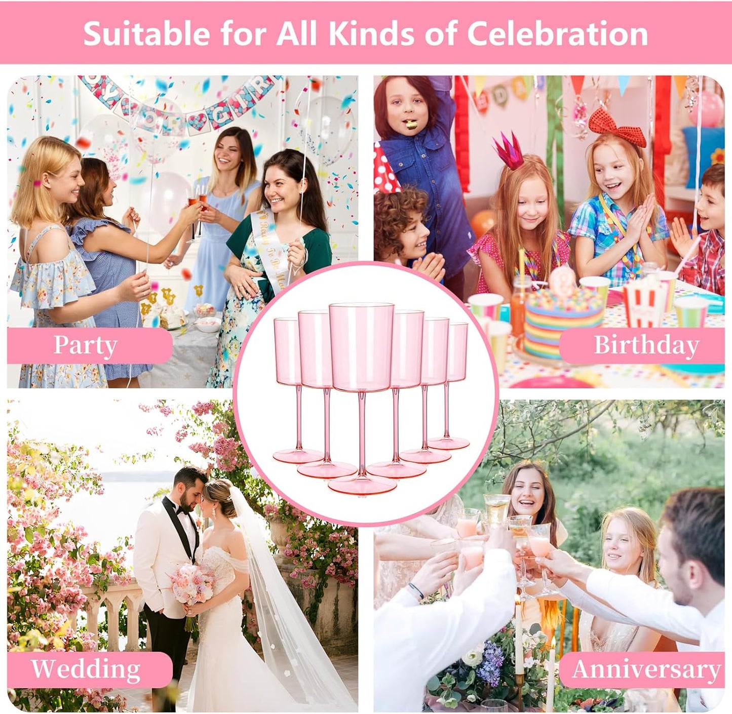 Ciaell 12 Pack Pink Plastic Wine Glasses - 10 Oz Disposable Wine Glasses with Stem for Parties & Weddings & Poolside & Outdoors & Camping