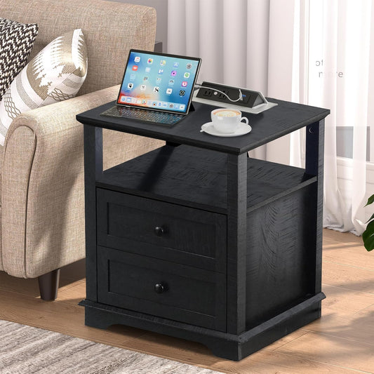 HIFYOBRO End Table with 2 Drawers and Charging Station, Type-C & USB Port & Power outlets, Wooden Storage Nightstand, Large Side Table with Storage for Living Room and Bedroom