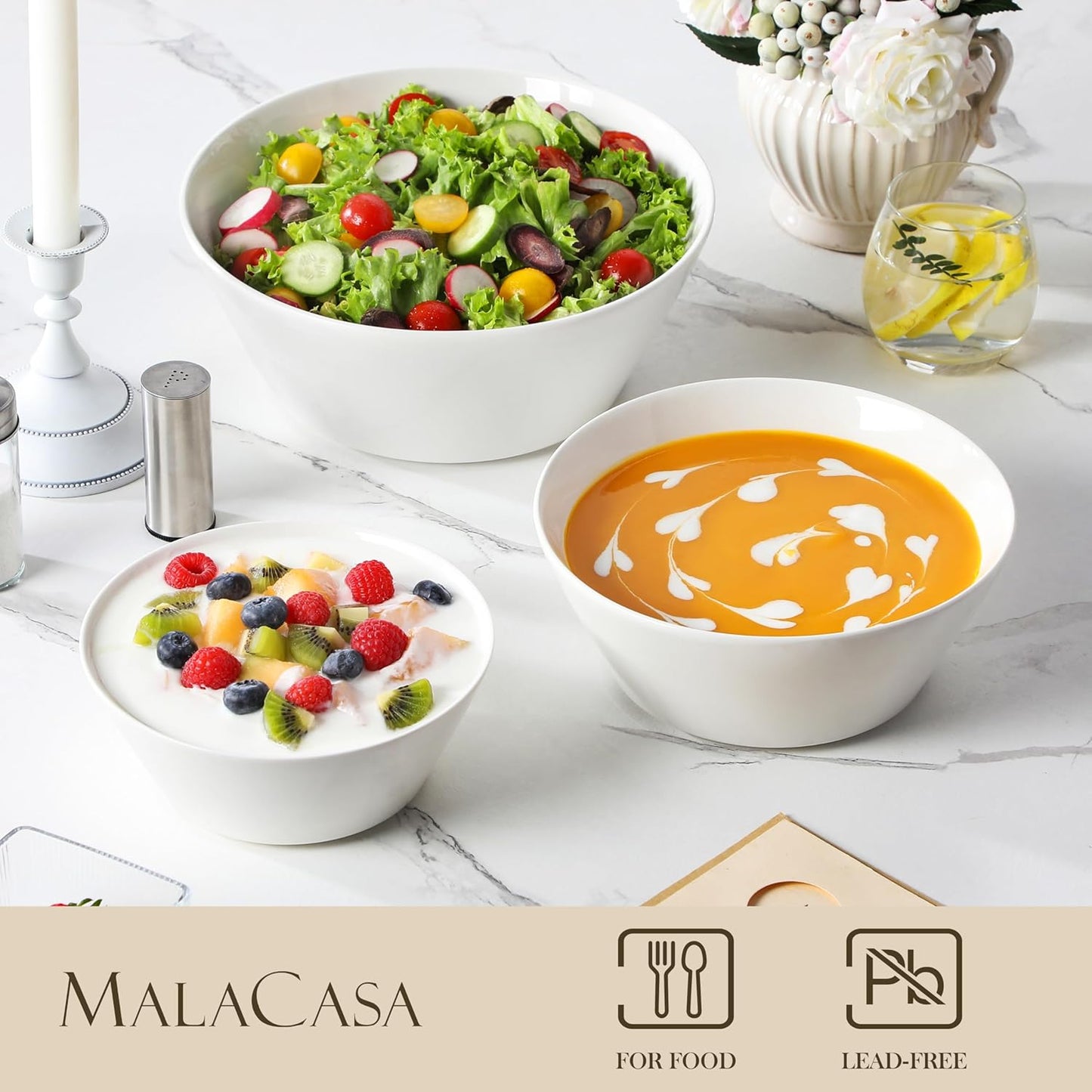 MALACASA Serving Bowls, Ceramic Mixing Bowls for Kitchen, 105/60/35 OZ White Bowls Set of 3, Microwave and Dishwasher Safe, Series Regular