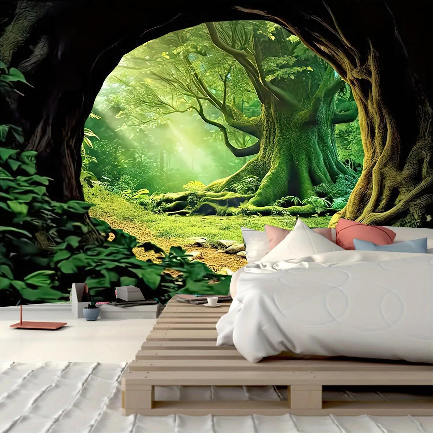 FENDROM Tree Cave Tapestry,Misty Forest Fairy Tale Wall Hanging Natural Jungle Sunshine Through Scenery Aesthetic tapestries for Living Room Bedroom Office Spring Decoration
