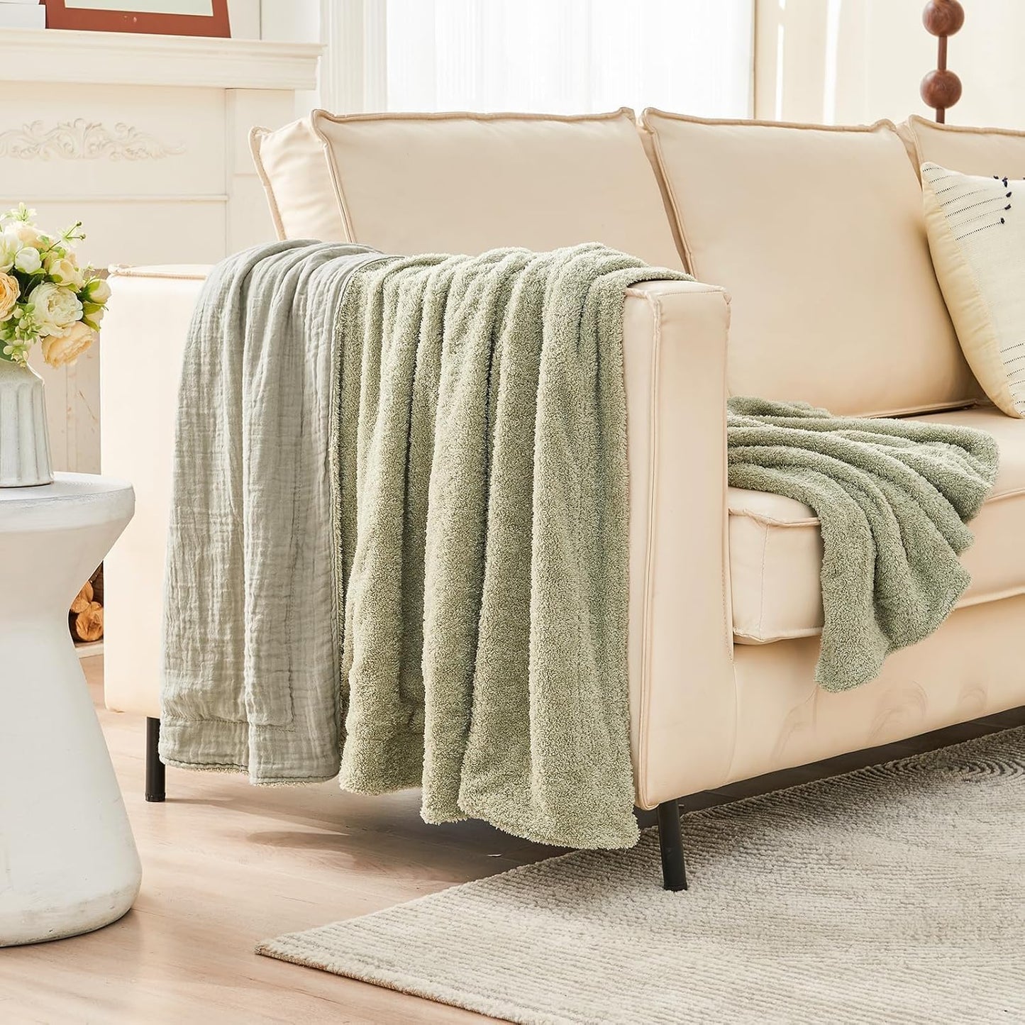 EMME Muslin and Fleece Twin Blanket Reversible - 60"*80" Sage Green Soft Warm Throw Blankets for Couch Bed Picnic Travel Bed