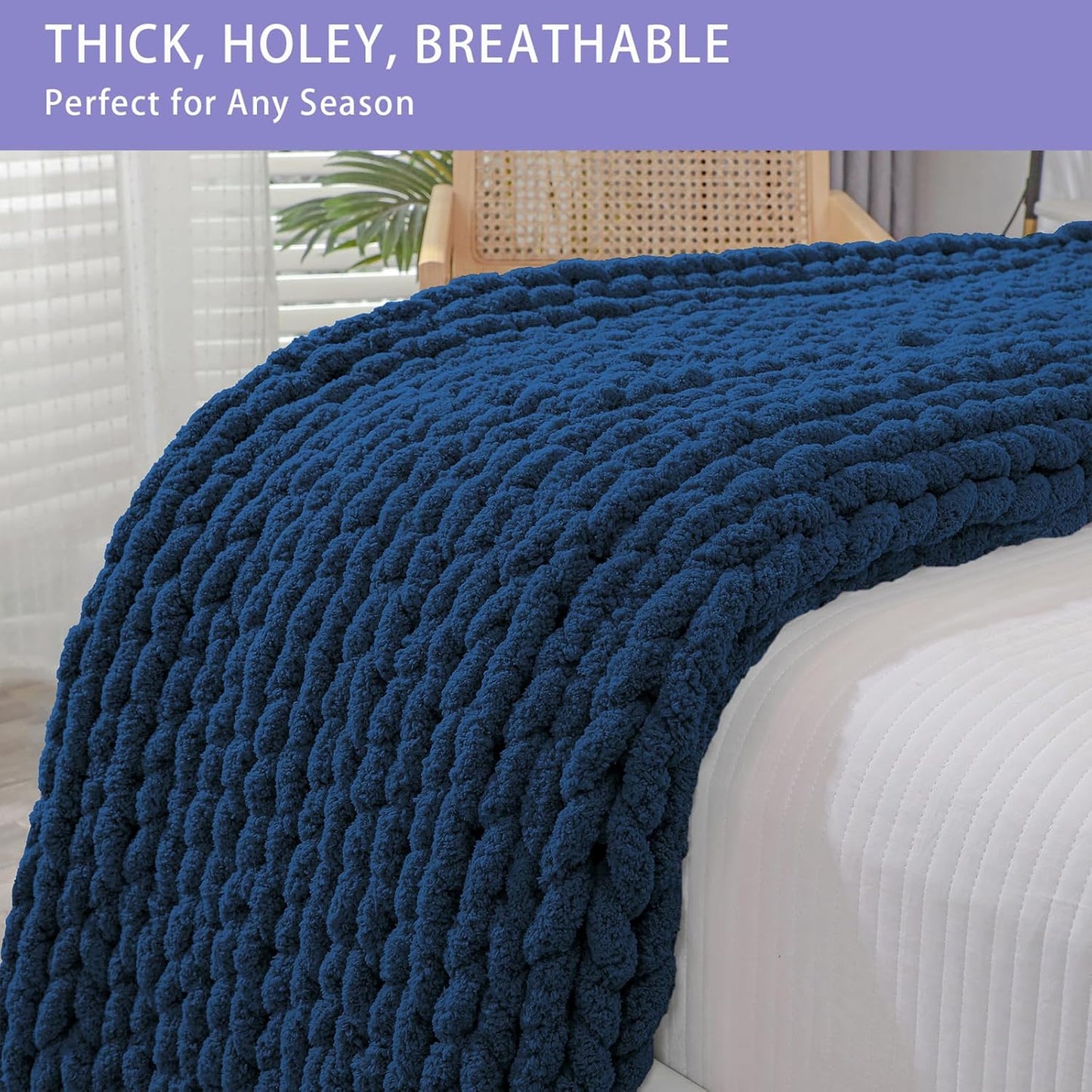 Bigacogo Chunky Knit Throw Blanket for Couch, 60x80 inches, 100% Hand Knitted with Thick Jumbo Chenille Yarn, Cozy Soft Large Rope Knot Cable Crochet Blankets for Sofa Bed Living Room, Navy Blue