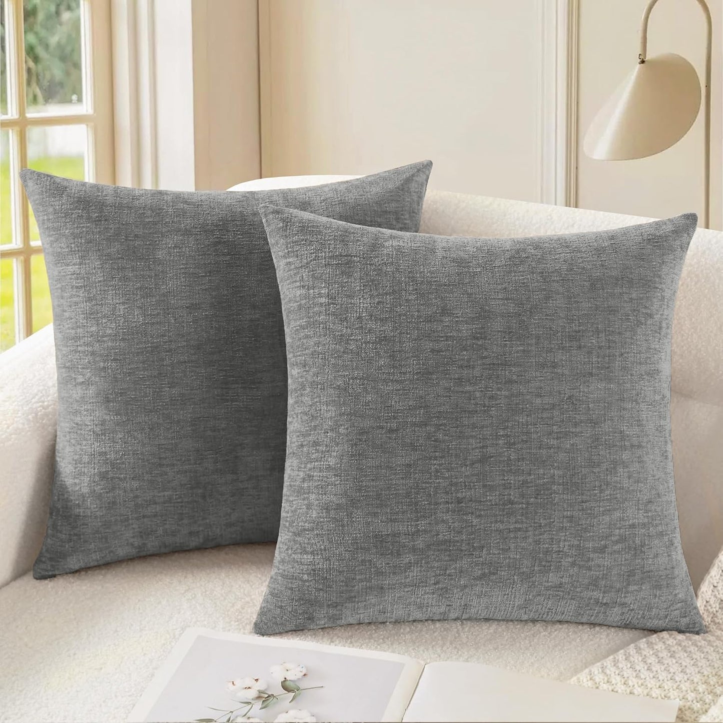 CaliTime Throw Pillow Covers Decorative 24 X 24 Inches Pack of 2 Cozy Chenille Cushion Cases for Couch Sofa Bed Living Room Home Medium Grey