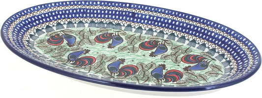 Blue Rose Polish Pottery Rooster Row Oval Platter
