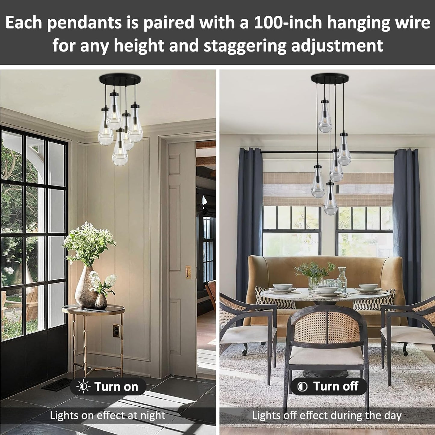 Bronze 5 Light Raindrop Chandeliers, Black Cluster Pendant Light Teardrop Dining Room Light Fixture Pendant Lights Kitchen Island, Hanging Ceiling Pendant Lighting for Entryway Living Room