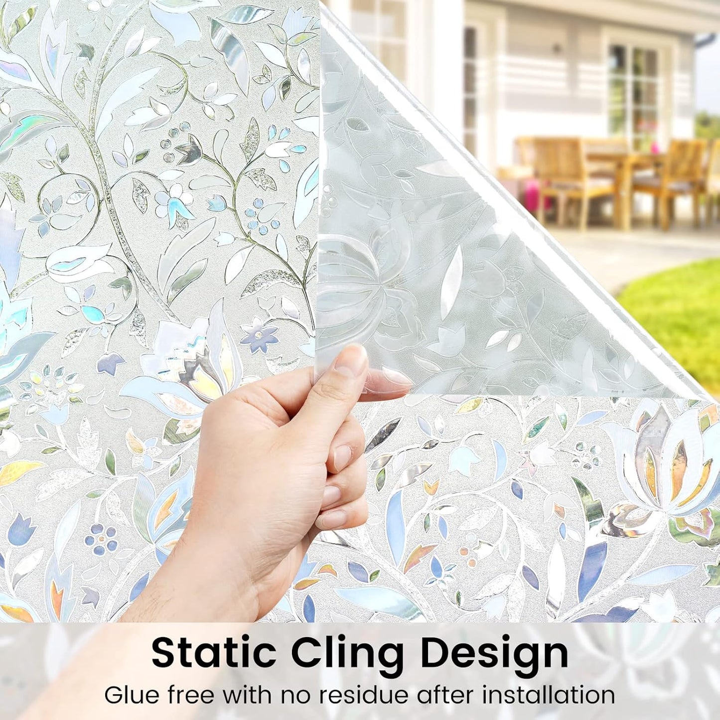 DOWELL Window Privacy Film, 3D Stained Glass Rainbow Films, Decorative Window Vinyl Sun Blocker Door Covering, Static Cling Non-Adhesive Glass Sticker for Home, Blooming Flowers, 35.4"x157.4"