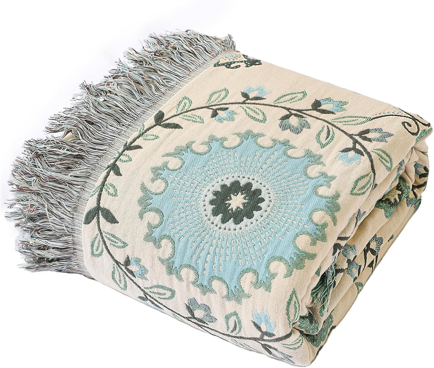 Snycler Boho Throw Blanket for Bed - 100% Cotton Ultra Soft Rustic Quilt - Blue Boho Floral Printed Farmhouse Decor Bed Blankets, 91"×98" All Season Rustic Throw for Sofa Couch Chair