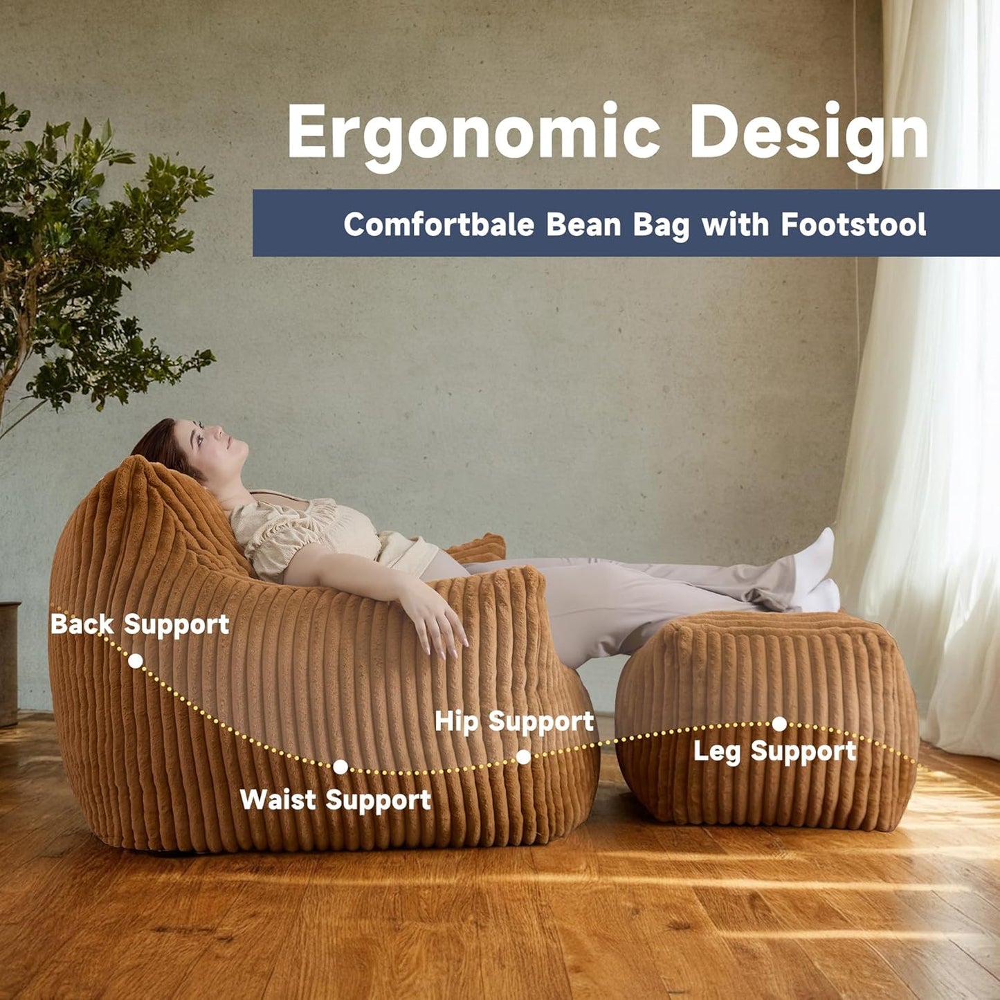 Giant Bean Bag Chairs for Adults, Oversized Chaise Lounge Chair Indoor with Memory Foam - Plush Boneless Lounger & Ottoman for Bedroom, Living Room, Gaming & Reading, Lazy Floor Sofa Chair, Orange