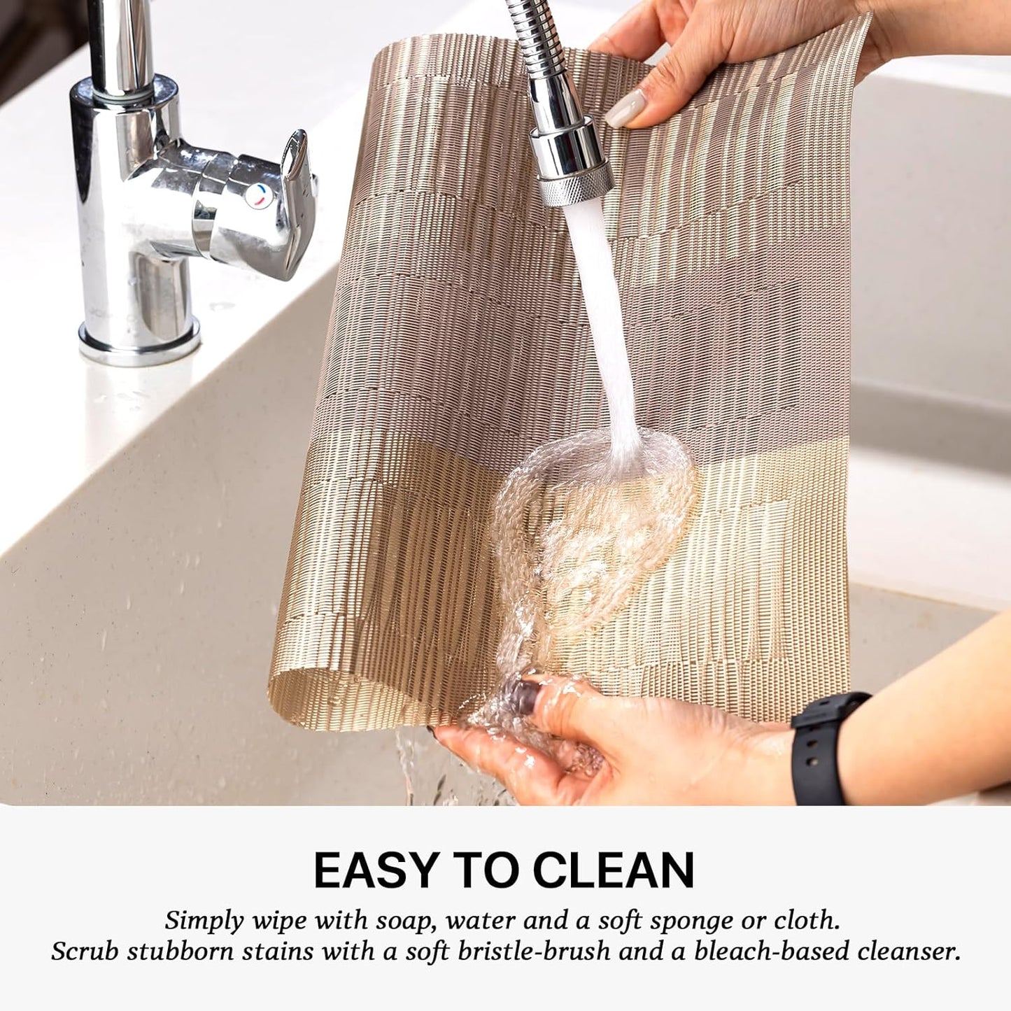 LEXMORE Placemats Set of 6 Vinyl/Plastic Woven Place Mats for Kitchen Table Indoor/Outdoor Washable Placemat Wipeable Dining Table Mats(Gold Dune)