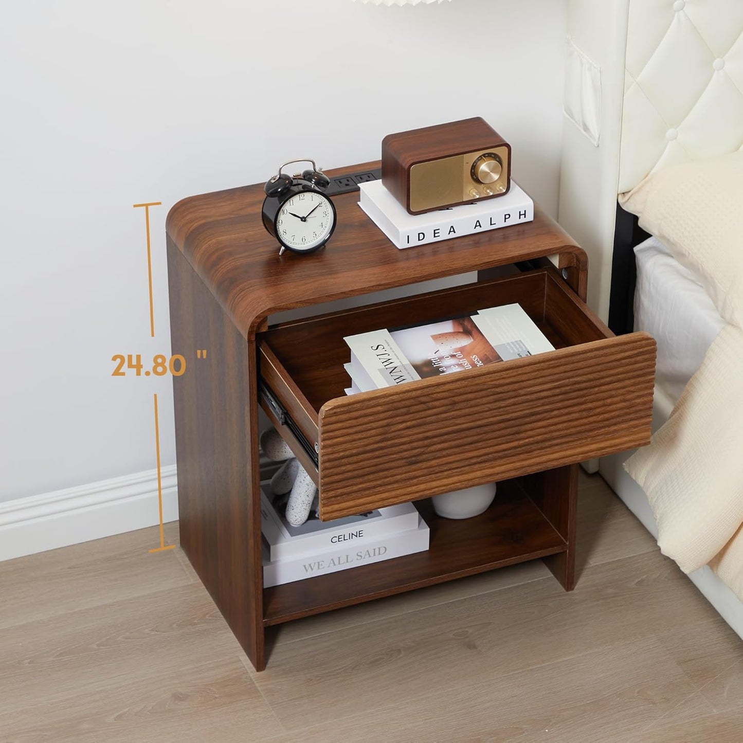 Fluted Nightstand with Charging Station, Mid Century Modern Bed Side Table End Table with Drawer Storage, Large Wooden Night Stands Bedside for Bedroom Living Room Sofa Office, Walnut